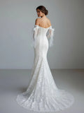 Lace Mermaid Covered Button Long Sleeve Train Wedding Dress