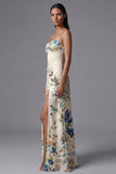 Floral Printed Ivory Ruched Long Formal Dress with Slit