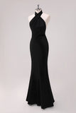 Black Mermaid Halter Open Back Floor Length Satin Bridesmaid Dress