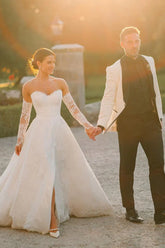 Vintage A Line Sweetheart White Lace Wedding Dresses with Slit