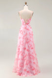 Pink Flower A Line Cowl Neck Print Long Bridesmaid Dress with Slit