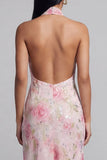 Pink Halter Floral Backless Midi Wedding Guest Dress with Slit