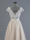 Cap Sleeve V Neck Lace Tulle Wedding Dress With Zipper Back