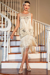Champagne Bodycon Sequined Fringed Party Dress