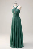 Eucalyptus A Line Hollow Out Pleated Floor Length Bridesmaid Dress with Slit