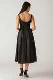 PEARL TRIM BLACK SATIN MIDI DRESS
