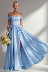 Off the Shoulder A Line Blue Satin Long Bridesmaid Dress with Slit