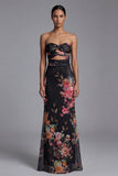 Strapless Mermaid Ruched Black Cut Out Floral Formal Dress