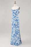 Blue Flower Printed Sheath Spaghetti Straps Maxi Dress