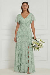 Dusty Sage A Line V Neck Ruffled Long Bridesmaid Dress with Short Sleeves