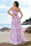 Grey Purple A Line Square Neck Print Floral Bridesmaid Dress with Lace Up Back