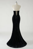 Sparkly Black Mermaid Strapless Velvet Bows Long Prom Dress With High Slit