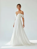 A Line Chiffon Sleeveless Off the Shoulder Wedding Dress with Ruching Floor Length