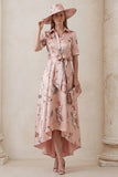 Floral Dusty Rose A Line Short Sleeve High Low Mother of the Bride Dress with Belt