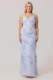 Blue Sheath Backless Print Floral Long Plus Size Bridesmaid Dress with Lace Up Back