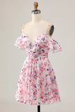 Cold Shoulder A Line Pink Floral Short Homecoming Dress