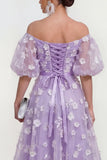 Off the Shoulder Floral Lilac Ruched A Line Wedding Guest Dress