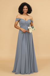 A Line Off the Shoulder Long Chiffon Bridesmaid Dress