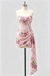 Strapless Pink Bodycon Corset Floral Sequin Homecoming Dress with Sash