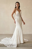 Mermaid V Neck Satin Wedding Dresses with Lace Appliques