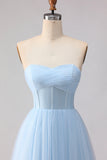 Blue Strapless A Line Corset Chiffon Long Bridesmaid Dress
