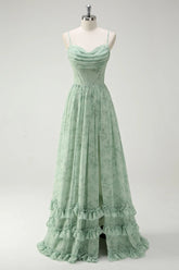 Green Floral A Line Cowl Neck Corset Long Bridesmaid Dress with Ruffle Slit