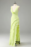 Lime A Line V Neck Floral Ruffle Open Back Bridesmaid Dress with Slit