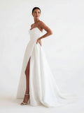 A Line White Sleeveless Satin Wedding Dress With Side Slit