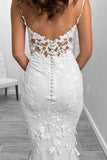 Sexy Satin V Neck Spaghetti Straps Illusion Lace Applique With Lace Train Wedding Dress