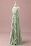 Dusty Sage Round Neck Chiffon Junior Bridesmaid Dress With Cascading Ruffles