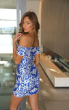 26366 AVA PRESLEY BLUE WHITE PRINTED SATIN OFF THE SHOULDER MINI DRESS