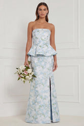 Strapless Mermaid Blue White Flower Ruffled Bridesmaid Dress