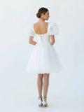 A Line Square Neck Short Wedding Dress With Puffy Pearls Sleeves