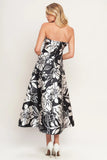 ELEGANT BLOOM SWIRL BLACK FLORAL MIDI DRESS