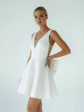 A Line White Satin V Neck Short Wedding Dress with Bow