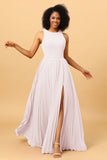 A Line Pleated Long Chiffon Bridesmaid Dress with Ruffles
