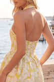Halter Yellow Jacquard A Line Short Homecoming Dress