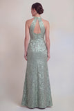 Halter Jacquard Mermaid Sage Green Mother of the Bride Dress