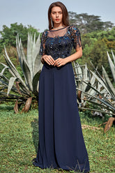 Navy Sheath Round Neck Appliques Sequin Floor Length Dress