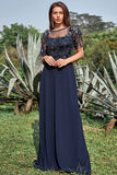 Navy Sheath Round Neck Appliques Sequin Floor Length Dress