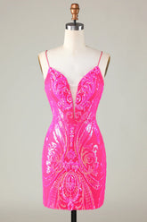 Unique Glitter Hot Pink Tight Short Homecoming Dress with Lace Up Back