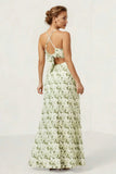 Green Flower A Line Ruched Spaghetti Straps Long Bridesmaid Dress