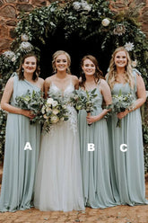 Grey Green Chiffon Spaghetti Straps A Line Long Bridesmaid Dress