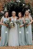 Grey Green Chiffon Spaghetti Straps A Line Long Bridesmaid Dress
