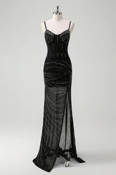 Glitter Mermaid Spaghetti Straps Beaded Long Black Prom Dress with Slit