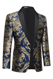 Mens Royal Blue Shawl Lapel One Button Jacquard Prom Blazer