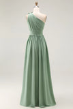 Green A Line One Shoulder Ruched Chiffon Long Bridesmaid Dress with Slit
