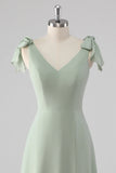 Sage Green A Line V Neck Bow Tie Straps Long Bridesmaid Dress with Slit