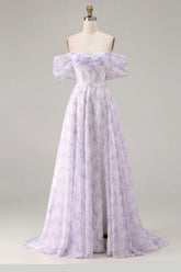 Lilac Off The Shoulder A Line Corset Print Floral Long Prom Dress with Slit
