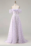 Lilac Off The Shoulder A Line Corset Print Floral Long Prom Dress with Slit